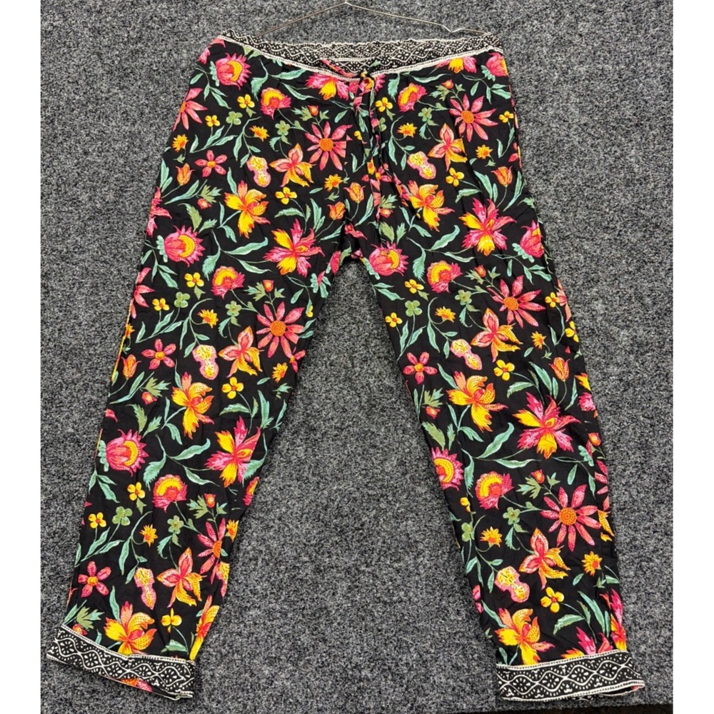 Sundance Pants Womens Small Black Floral Cotton Drawstring Boho Crop Trousers
